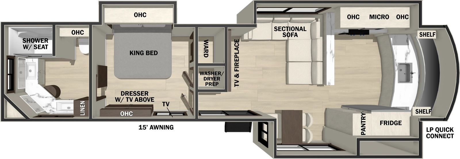 The Cedar Creek Cottage 40CMK floorplan has one entry and three slide outs. Exterior features include: fiberglass exterior. Interiors features include: front kitchen and rear bathroom.